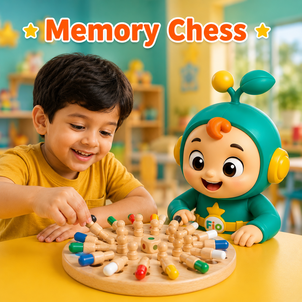 Funfio wooden memory chess game for kids with colorful pegs and color matching dice . A young boy in a yellow shirt plays a wooden Memory Chess game with a colorful character toy on a yellow table in a bright, toy-filled classroom. The text 'Memory Chess' is displayed at the top.