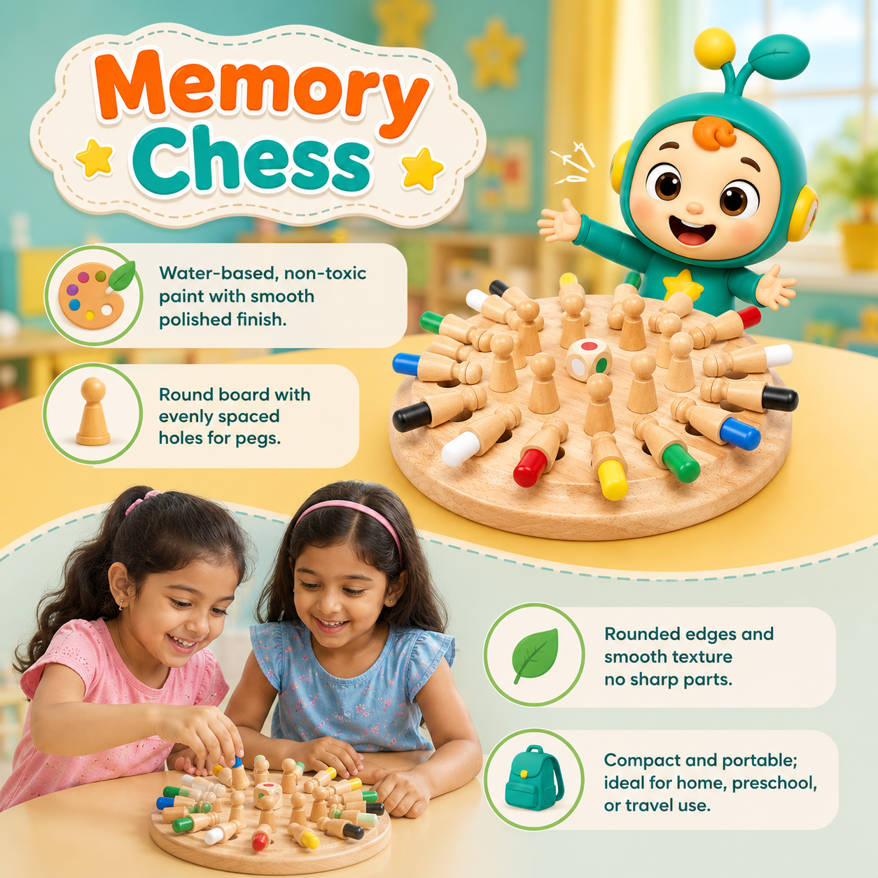 Funfio wooden memory chess game for kids with colorful pegs and color matching dice