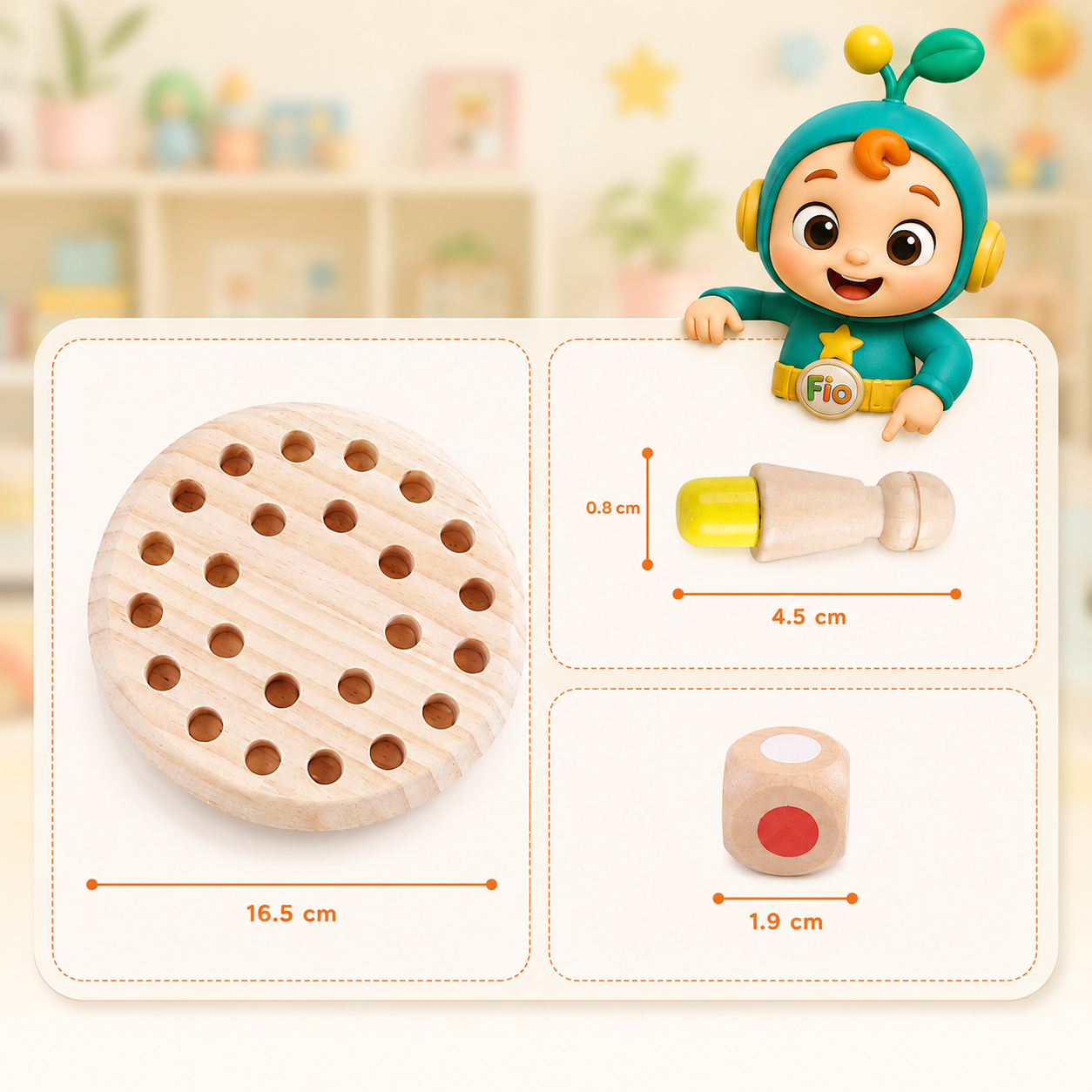 Funfio wooden memory chess game for kids with colorful pegs and color matching dice . A children's wooden toy set shown with dimension callouts: a round peg-hole board measuring 16.5 cm, a small cylindrical piece measuring 4.