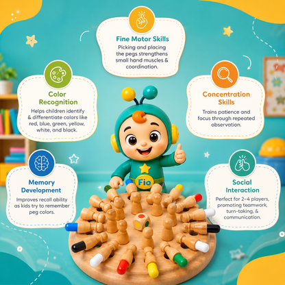 Funfio wooden memory chess game for kids with colorful pegs and color matching dice