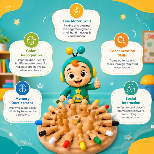 Funfio wooden memory chess game for kids with colorful pegs and color matching dice